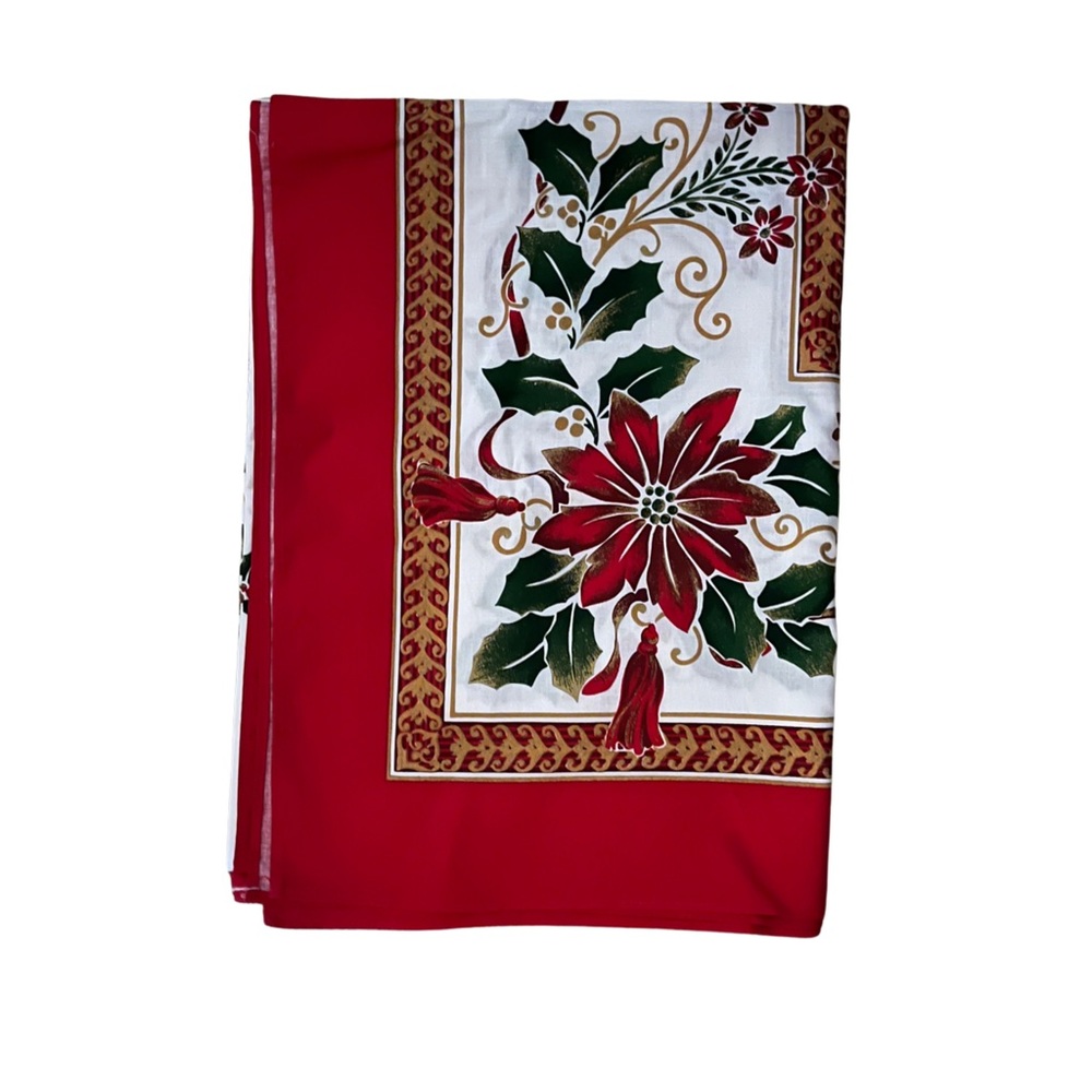 Vintage Christmas rectangular poinsettia tablecloth unused 70” x 52”